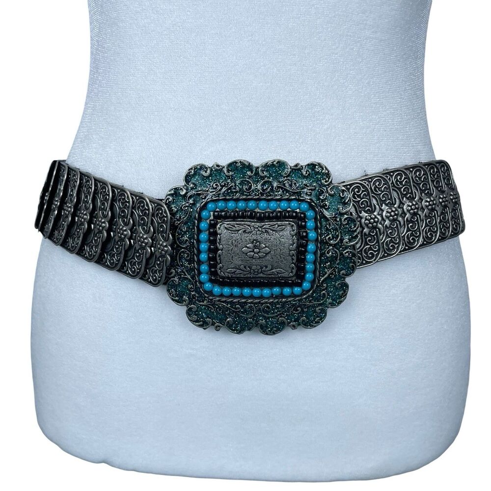 Vintage Belt Rocker Biker Large Ornate Buckle Pewter Toned Floral Turquoise 32”